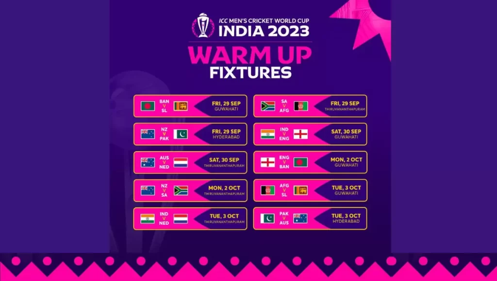 Full schedule of the ICC Cricket World Cup 2023 warm-up matches
