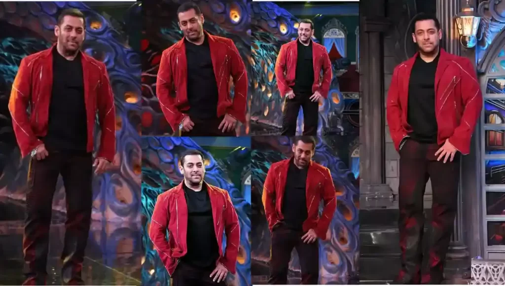 Salman Khan wearing a bright red jacket during the shooting of Bigg Boss 17